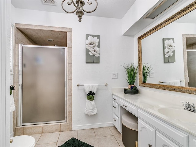 bathroom featuring vanity, tile patterned floors, visible vents, and a stall shower