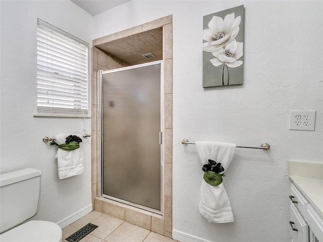 full bathroom with visible vents, toilet, a shower stall, tile patterned flooring, and vanity