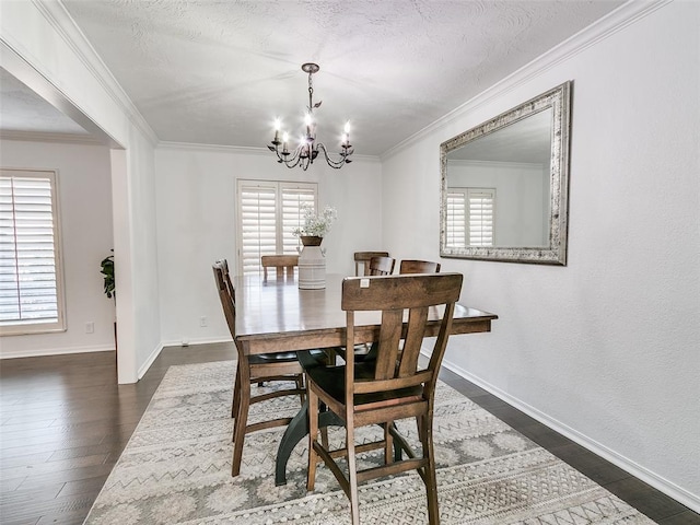 dining space with an inviting chandelier, dark wood-style floors, baseboards, and ornamental molding