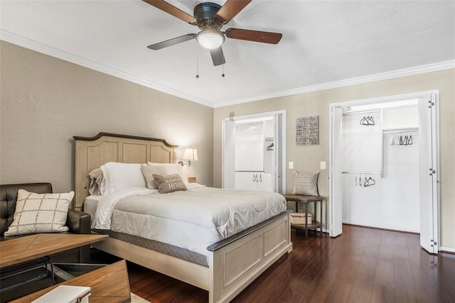 bedroom with dark wood finished floors, crown molding, and a ceiling fan