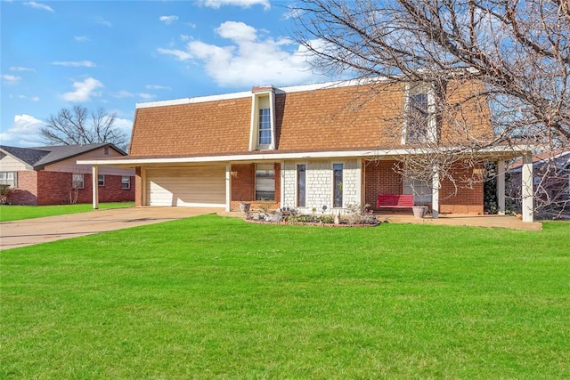 view of front of house with roof with shingles, brick siding, concrete driveway, an attached garage, and a front yard