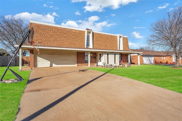 view of front of house with brick siding, fence, concrete driveway, roof with shingles, and a front yard