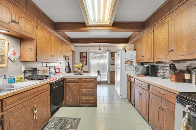 kitchen featuring white fridge with ice dispenser, light countertops, dishwasher, and beamed ceiling