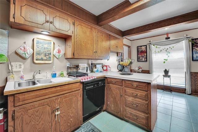 kitchen with light countertops, a sink, beamed ceiling, a peninsula, and dishwasher