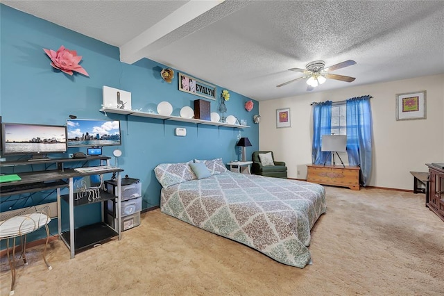 bedroom featuring a textured ceiling, a ceiling fan, baseboards, beamed ceiling, and carpet