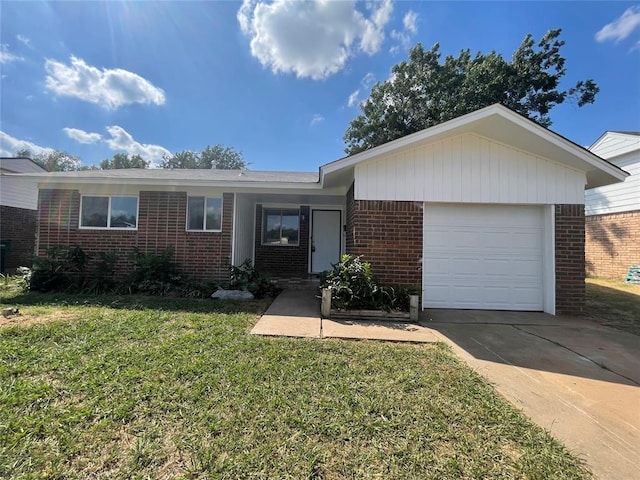 ranch-style home with a garage, concrete driveway, and brick siding