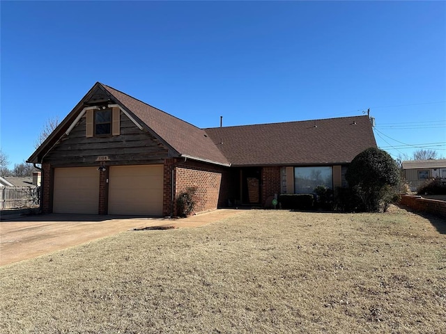 single story home with a garage, concrete driveway, and brick siding