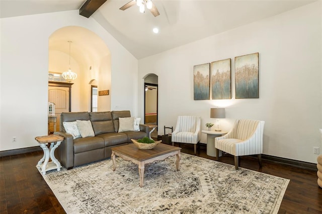 living room featuring baseboards, beam ceiling, arched walkways, and dark wood-style flooring