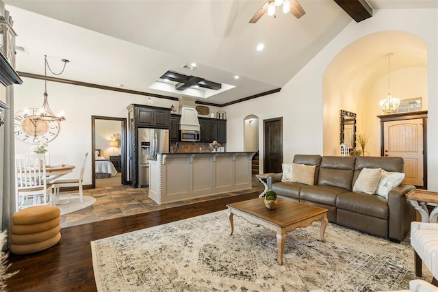 living area with arched walkways, vaulted ceiling with beams, crown molding, dark wood finished floors, and recessed lighting