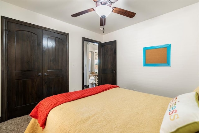 bedroom with ceiling fan and a closet