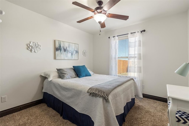 bedroom with a ceiling fan, carpet, and baseboards