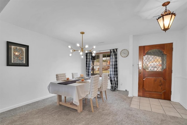 dining space with light carpet, baseboards, and an inviting chandelier