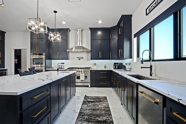 kitchen with wall chimney exhaust hood, appliances with stainless steel finishes, marble finish floor, an inviting chandelier, and a sink