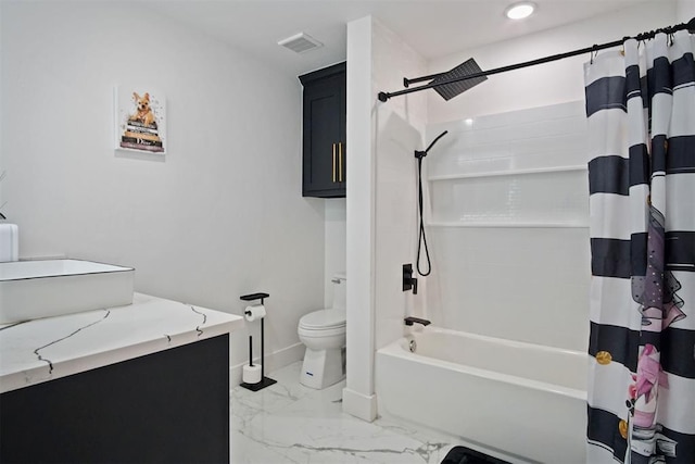 bathroom with marble finish floor, shower / bath combination with curtain, visible vents, toilet, and baseboards