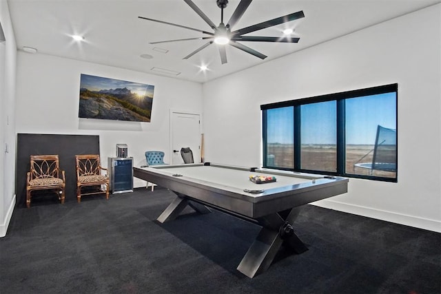 playroom with dark carpet, baseboards, and billiards