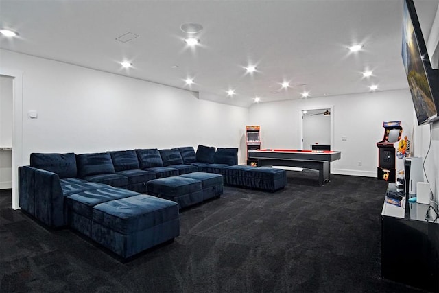 game room with baseboards, carpet, billiards, and recessed lighting