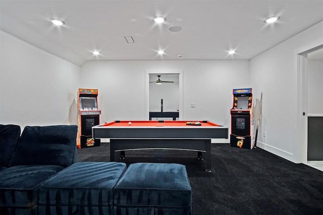 recreation room featuring dark colored carpet, billiards, and recessed lighting