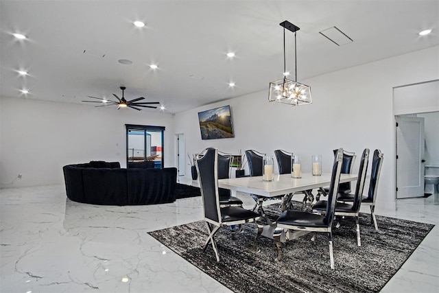 dining space with recessed lighting, marble finish floor, and ceiling fan