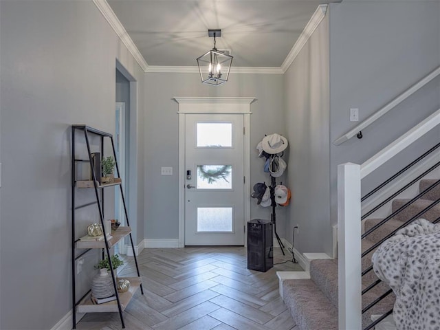 foyer with crown molding, stairway, and baseboards