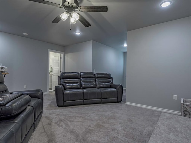 home theater featuring a ceiling fan, recessed lighting, carpet flooring, and baseboards