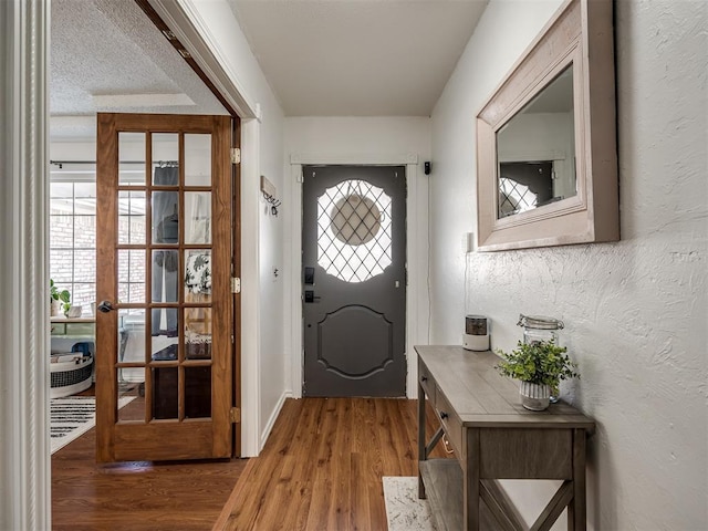 entrance foyer featuring a wealth of natural light, wood finished floors, and a textured wall