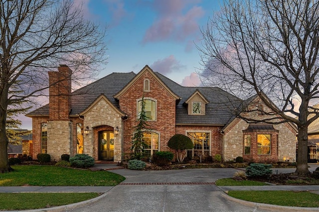 french country home with a front yard, brick siding, driveway, and a chimney