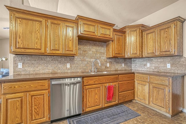 kitchen featuring a sink, visible vents, brown cabinetry, and stainless steel dishwasher