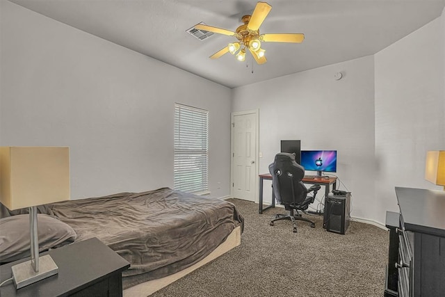 bedroom with a ceiling fan, carpet flooring, visible vents, and baseboards