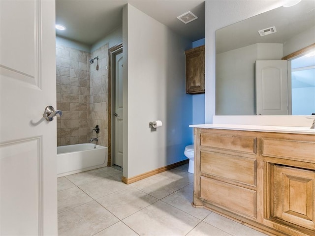 bathroom with shower / bath combination, visible vents, toilet, tile patterned flooring, and vanity