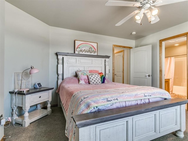 bedroom with ceiling fan and dark colored carpet