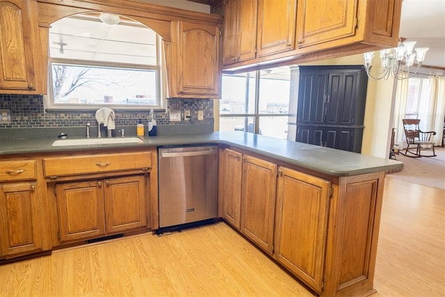 kitchen with dishwasher, a peninsula, brown cabinetry, and a sink