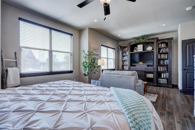 bedroom featuring dark wood-style floors, a ceiling fan, and recessed lighting