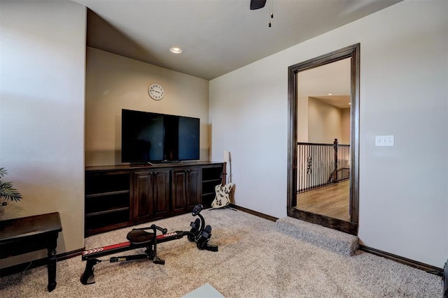 workout room featuring ceiling fan, baseboards, carpet flooring, and recessed lighting