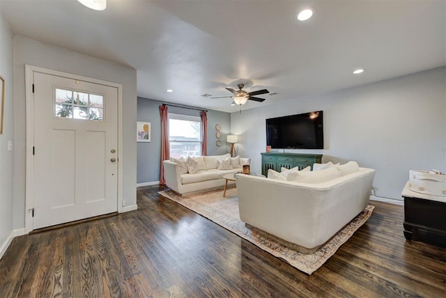 living room with a ceiling fan, recessed lighting, dark wood finished floors, and baseboards