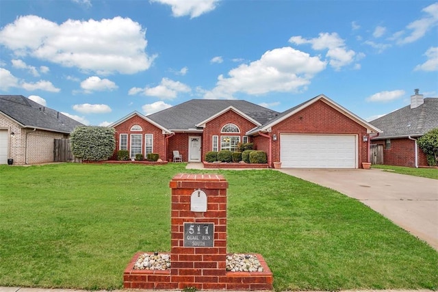 view of front of house with driveway, a front lawn, a shingled roof, a garage, and brick siding