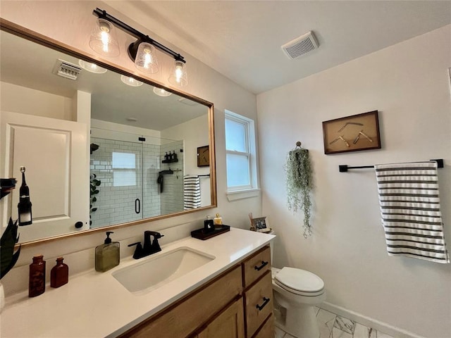 full bathroom with marble finish floor, a shower stall, visible vents, and vanity