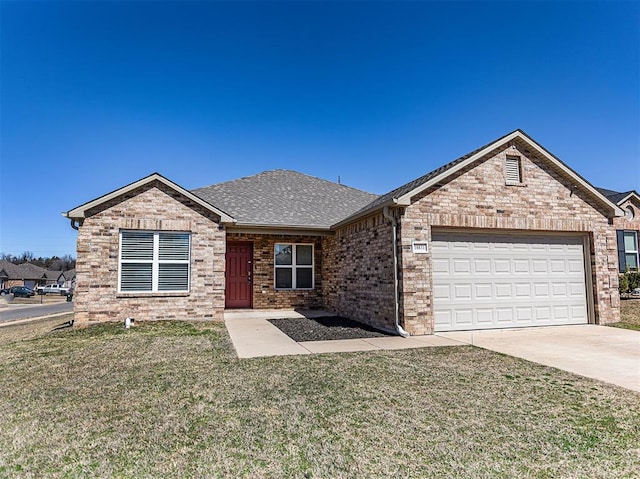 ranch-style house with driveway, a garage, a shingled roof, a front lawn, and brick siding