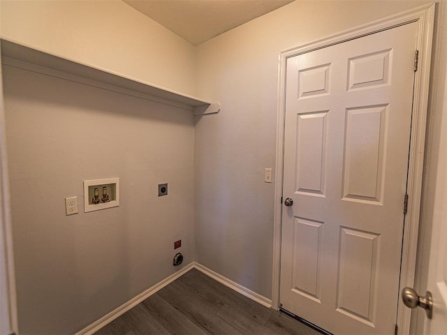 clothes washing area featuring hookup for a washing machine, hookup for an electric dryer, laundry area, baseboards, and dark wood finished floors