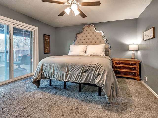 bedroom featuring access to exterior, carpet flooring, ceiling fan, a textured ceiling, and baseboards