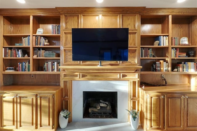 living area with a high end fireplace