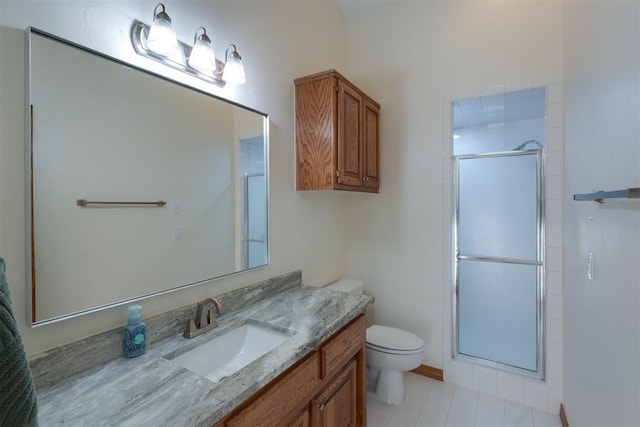 full bath featuring a stall shower, vanity, toilet, and tile patterned floors