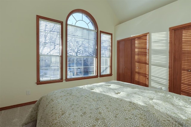 bedroom featuring lofted ceiling, carpet, two closets, and baseboards