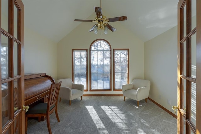 sitting room featuring carpet floors, ceiling fan, high vaulted ceiling, and baseboards