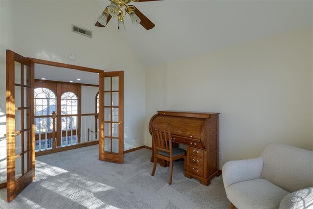 office area featuring visible vents, ceiling fan, french doors, carpet floors, and high vaulted ceiling