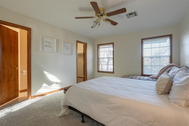 bedroom featuring baseboards, visible vents, ceiling fan, a spacious closet, and carpet flooring