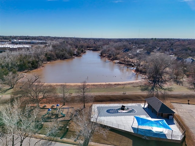 birds eye view of property featuring a water view