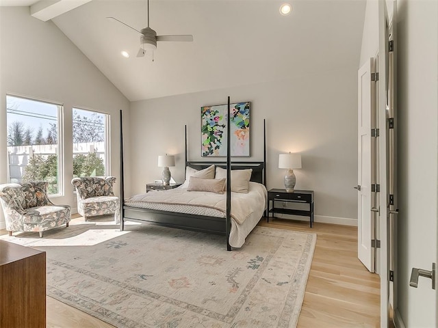 bedroom with beam ceiling, high vaulted ceiling, recessed lighting, light wood-style floors, and baseboards