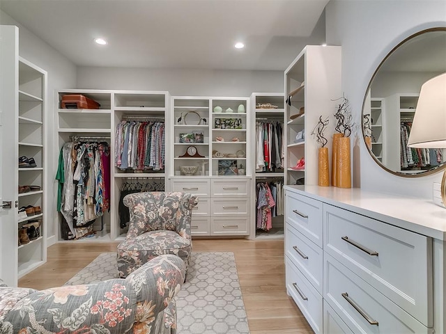 walk in closet with light wood-type flooring