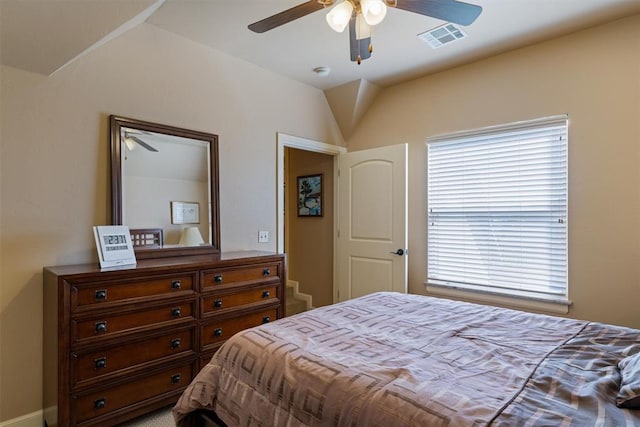 bedroom featuring visible vents and ceiling fan