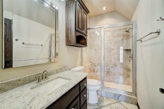 full bathroom with recessed lighting, toilet, a stall shower, vaulted ceiling, and vanity